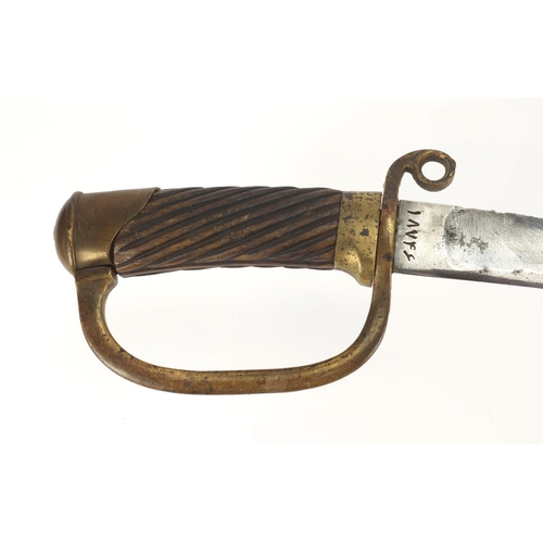 343 - Russian Military interest officers sword with wooden grip and impressed marks to the steel blade, 91... 