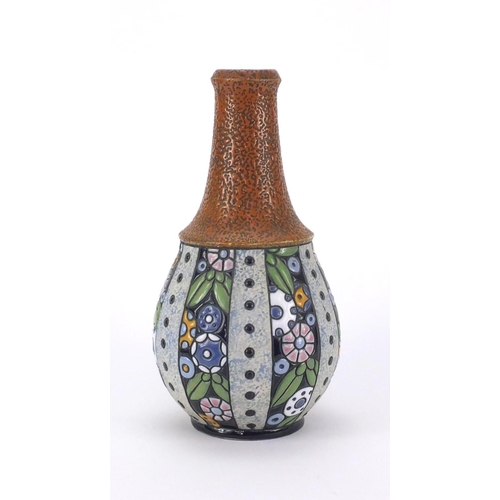 765 - Art Nouveau Amphora vase, hand painted with panels of stylised flowers, factory marks and numbered 1... 