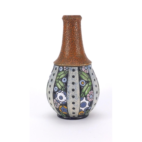 765 - Art Nouveau Amphora vase, hand painted with panels of stylised flowers, factory marks and numbered 1... 