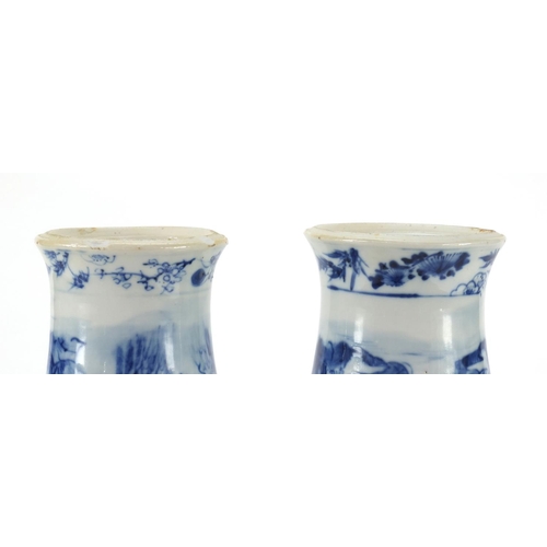 493 - Pair of Chinese blue and white baluster vases, both hand painted with figures and a river landscape,... 