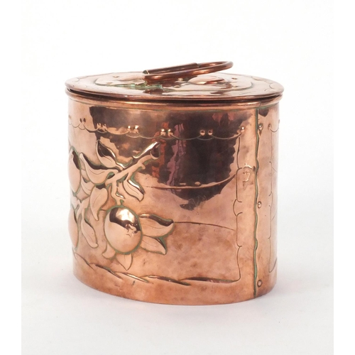 792 - Arts & Crafts Newlyn copper tea caddy of oval form with handle, embossed with fruit, 12.5cm high exc... 