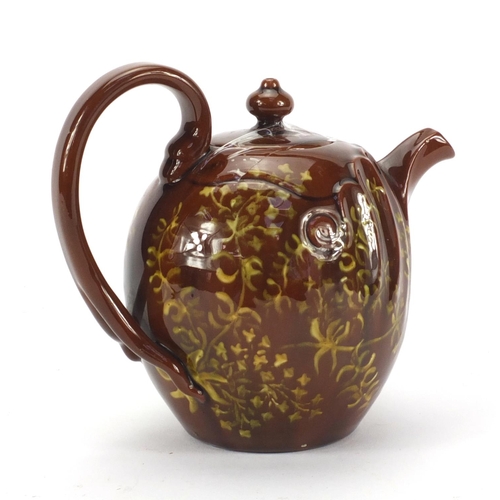 724 - Linthorpe treacle glazed teapot designed by Christopher Dresser, hand painted with ferns, impressed ... 