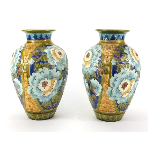 726 - Large pair of Burmatofts faience glazed vases, hand painted with stylised flowers, factory marks and... 