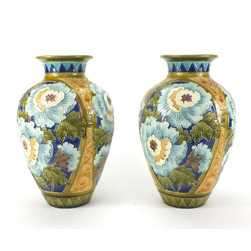 726 - Large pair of Burmatofts faience glazed vases, hand painted with stylised flowers, factory marks and... 