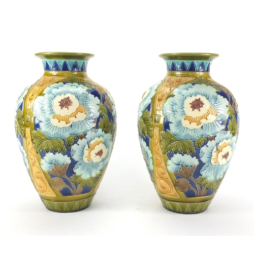 726 - Large pair of Burmatofts faience glazed vases, hand painted with stylised flowers, factory marks and... 