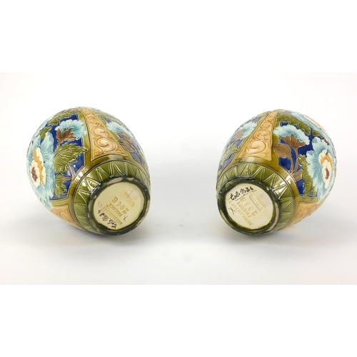 726 - Large pair of Burmatofts faience glazed vases, hand painted with stylised flowers, factory marks and... 