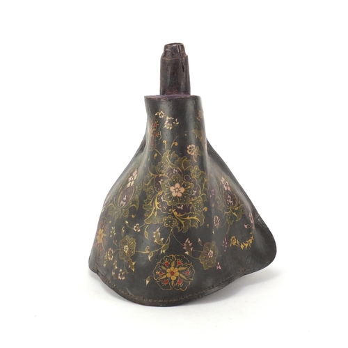 630 - Ottoman leather water flask hand painted with stylised flowers, 27cm high