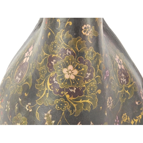 630 - Ottoman leather water flask hand painted with stylised flowers, 27cm high