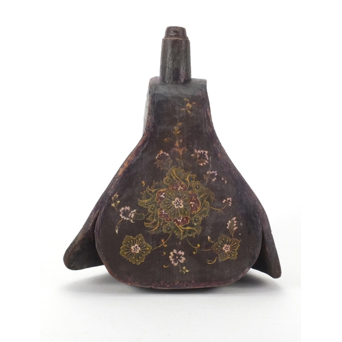 630 - Ottoman leather water flask hand painted with stylised flowers, 27cm high