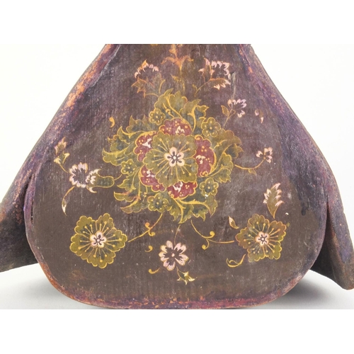 630 - Ottoman leather water flask hand painted with stylised flowers, 27cm high