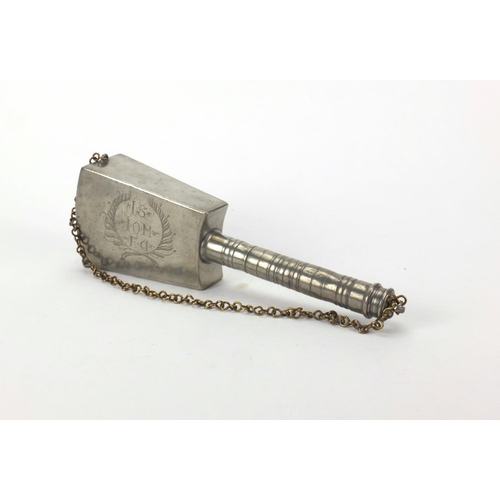 631 - Antique pewter water flask, dated 1756, with engraved decoration and motto, 31cm in length