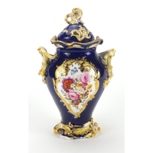 678 - 19th century Coalport potpourri vase and cover with twin handles, hand painted with panels of flower... 