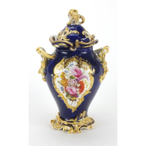 678 - 19th century Coalport potpourri vase and cover with twin handles, hand painted with panels of flower... 