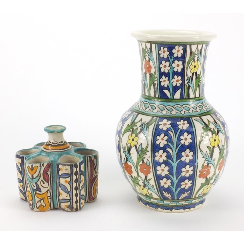 638 - Iznik pottery vase and sectional vessel both hand painted with stylised flowers, the vase 21cm high