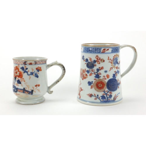 482 - Two Chinese porcelain tankards one of tapering form and one of baluster form, both hand painted with... 