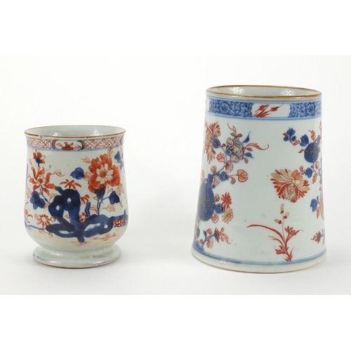 482 - Two Chinese porcelain tankards one of tapering form and one of baluster form, both hand painted with... 