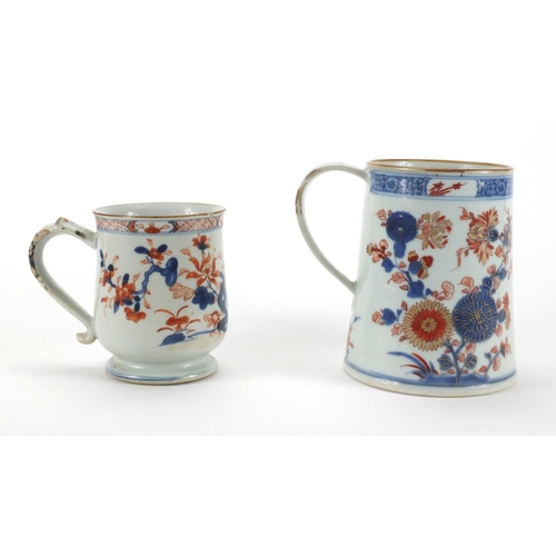 482 - Two Chinese porcelain tankards one of tapering form and one of baluster form, both hand painted with... 