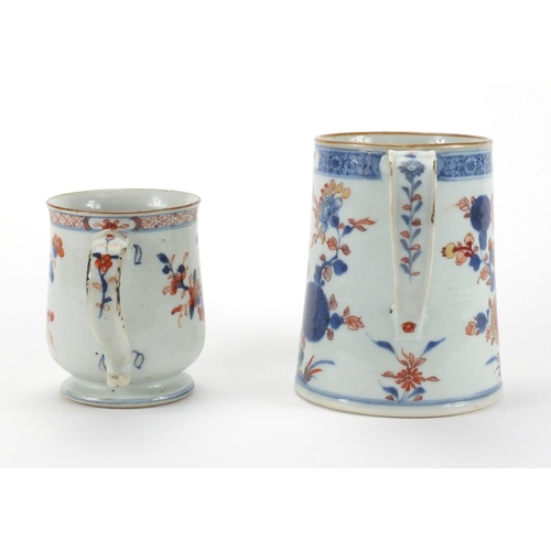 482 - Two Chinese porcelain tankards one of tapering form and one of baluster form, both hand painted with... 