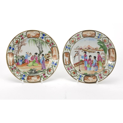 462 - Pair of Chinese porcelain plates, both circular central panels finely hand painted with figures, bot... 