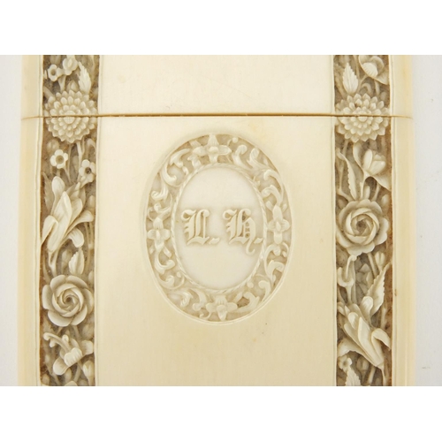 545 - Chinese Canton ivory card case, carved with flowers, 11.5cm high x 7.5cm wide x 1.4cm deep