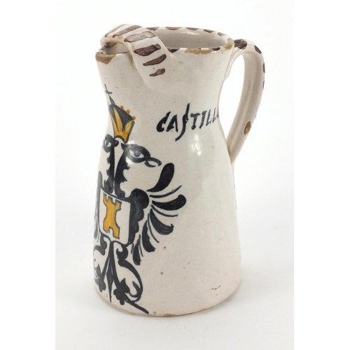 676 - Continental pottery jug hand painted with crest  and Hostal Castilla, 20cm high