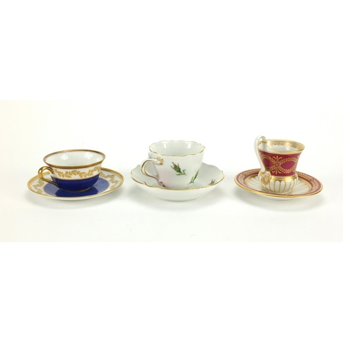 667 - Three continental cups and saucers comprising Meissen KPM and a Hutschenreuther  examples, the Meiss... 