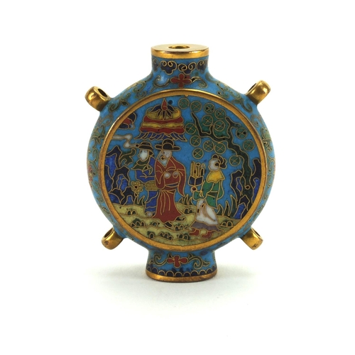 555 - Chinese cloisonné snuff bottle enamelled with figures, two figure character mark to the base, 6cm hi... 