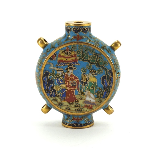 555 - Chinese cloisonné snuff bottle enamelled with figures, two figure character mark to the base, 6cm hi... 