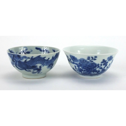 498 - Two Chinese blue and white porcelain bowls, one hand painted with flowers the other with dragons cha... 