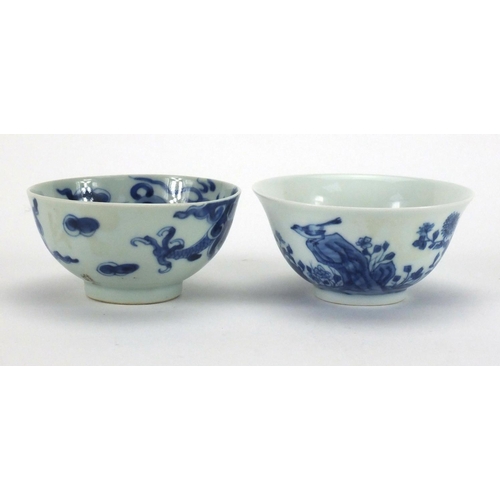 498 - Two Chinese blue and white porcelain bowls, one hand painted with flowers the other with dragons cha... 