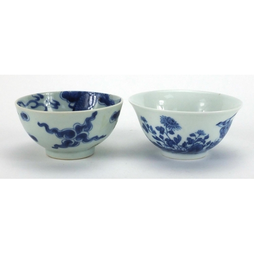 498 - Two Chinese blue and white porcelain bowls, one hand painted with flowers the other with dragons cha... 