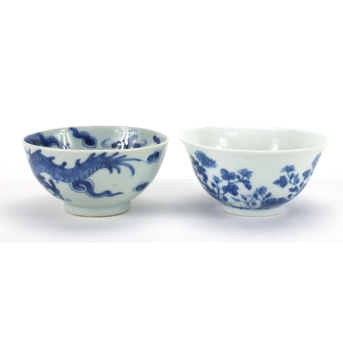 498 - Two Chinese blue and white porcelain bowls, one hand painted with flowers the other with dragons cha... 