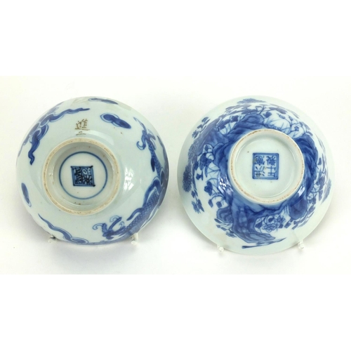 498 - Two Chinese blue and white porcelain bowls, one hand painted with flowers the other with dragons cha... 