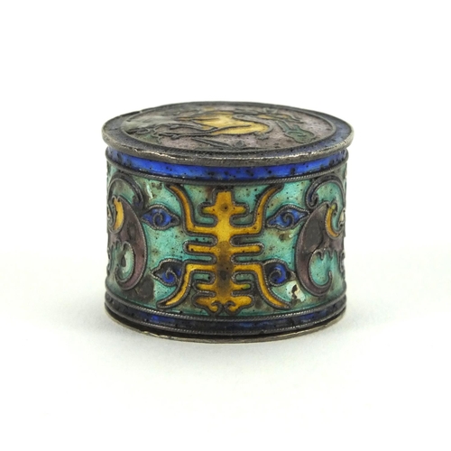 554 - Chinese cylindrical  silver box and cover, the cover enamelled with a mythical animal and bats, char... 