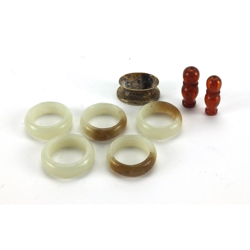 540 - Miscellaneous Chinese objects including five pale jade rings, each ring 2.5cm in diameter