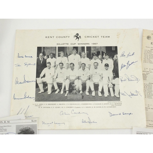 141 - Cricket ephemera mostly autographed including a signed 1967 Kent Cricket Team photograph and album i... 