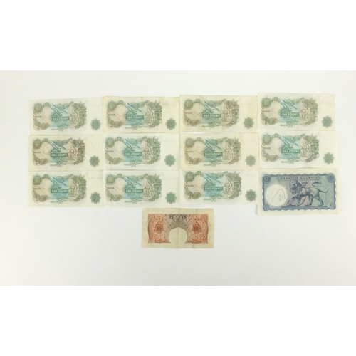 220 - British banknotes comprising a L K O'Brien five pound note, serial number BO7 696171, eleven one pou... 