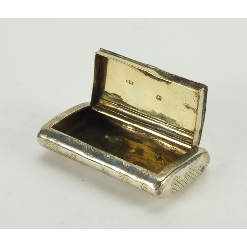 822 - Rectangular Georgian silver snuff box with hinged lid and engraved decoration, A.K London 1803, 7cm ... 