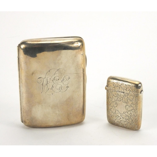 867 - Victorian rectangular silver cigarette case and a silver vesta, the cigarette case London 1895, 8cm ... 