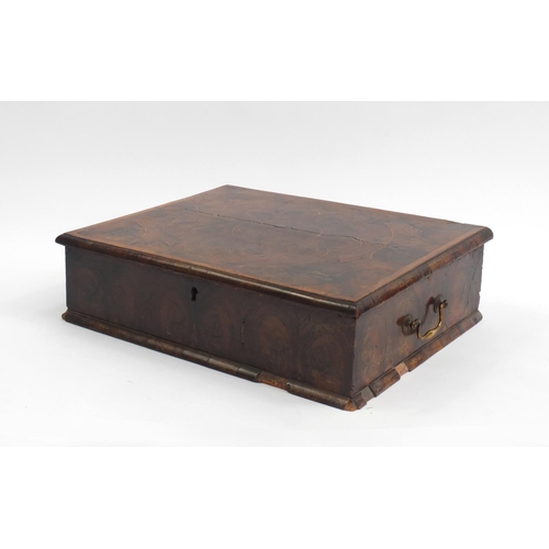 42 - 18th century Laburnum oyster veneered bible box with brass handles and lift out tray, 14.5cm high x ... 