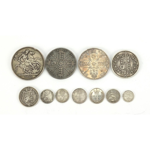 204 - George IV and later British silver coinage including two 1836 four pence's, two double florins 1887 ... 