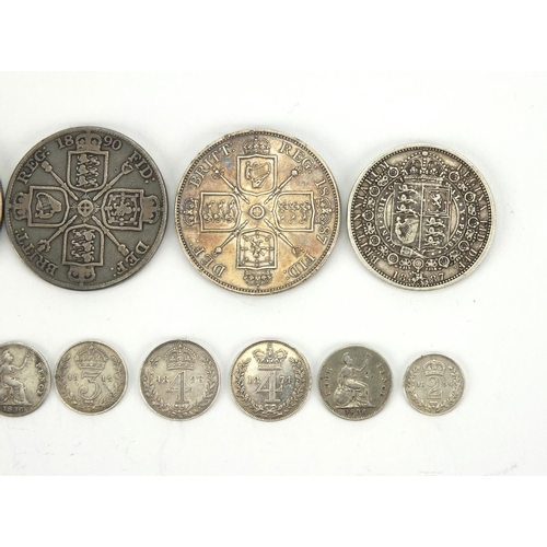 204 - George IV and later British silver coinage including two 1836 four pence's, two double florins 1887 ... 