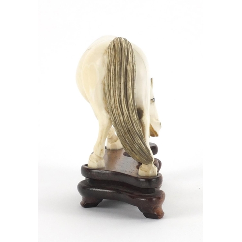 549 - Chinese carved ivory study of a horse raised on a hardwood base, overall 10cm high