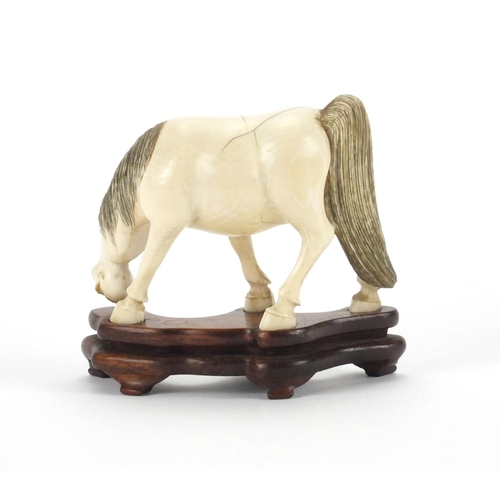 549 - Chinese carved ivory study of a horse raised on a hardwood base, overall 10cm high