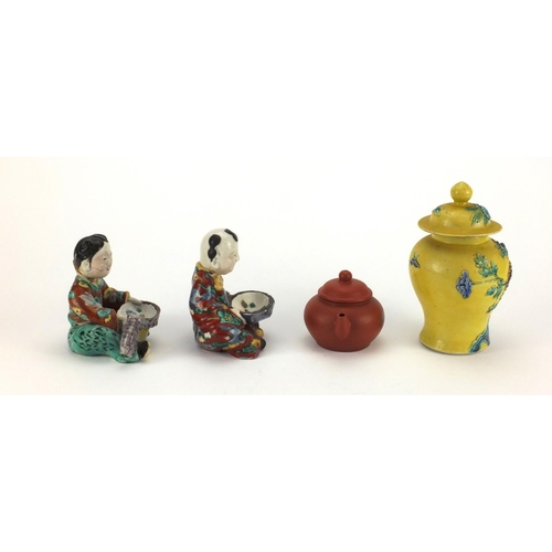 479 - Chinese ceramics including a pair of figural dishes hand painted in the famille verte palette, a yel... 