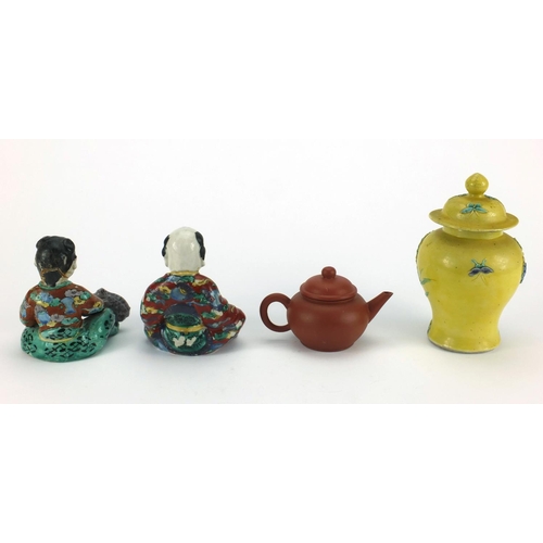 479 - Chinese ceramics including a pair of figural dishes hand painted in the famille verte palette, a yel... 