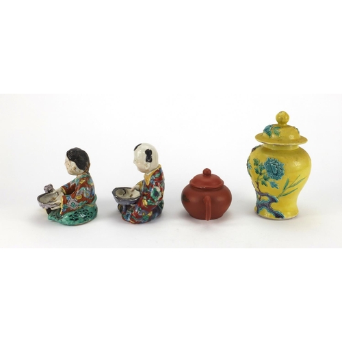 479 - Chinese ceramics including a pair of figural dishes hand painted in the famille verte palette, a yel... 