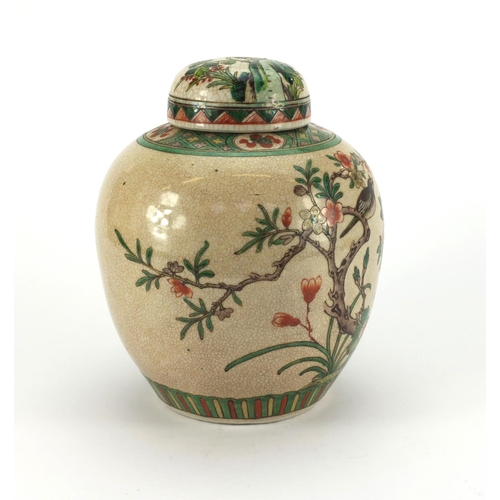 472 - Chinese porcelain ginger jar and cover, hand painted in the famille verte palette with birds of para... 