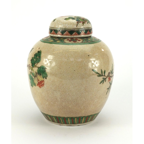 472 - Chinese porcelain ginger jar and cover, hand painted in the famille verte palette with birds of para... 