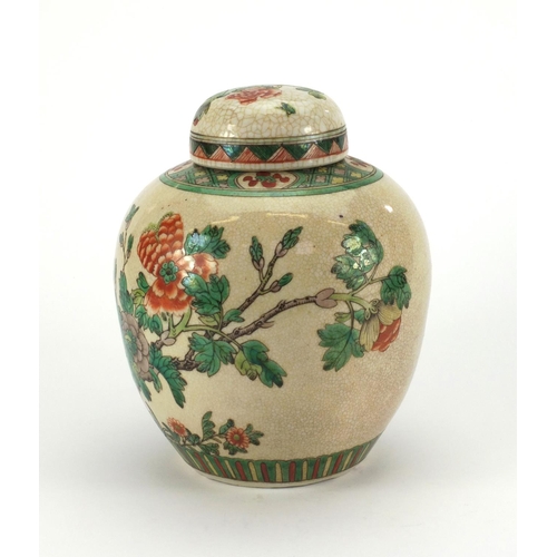 472 - Chinese porcelain ginger jar and cover, hand painted in the famille verte palette with birds of para... 